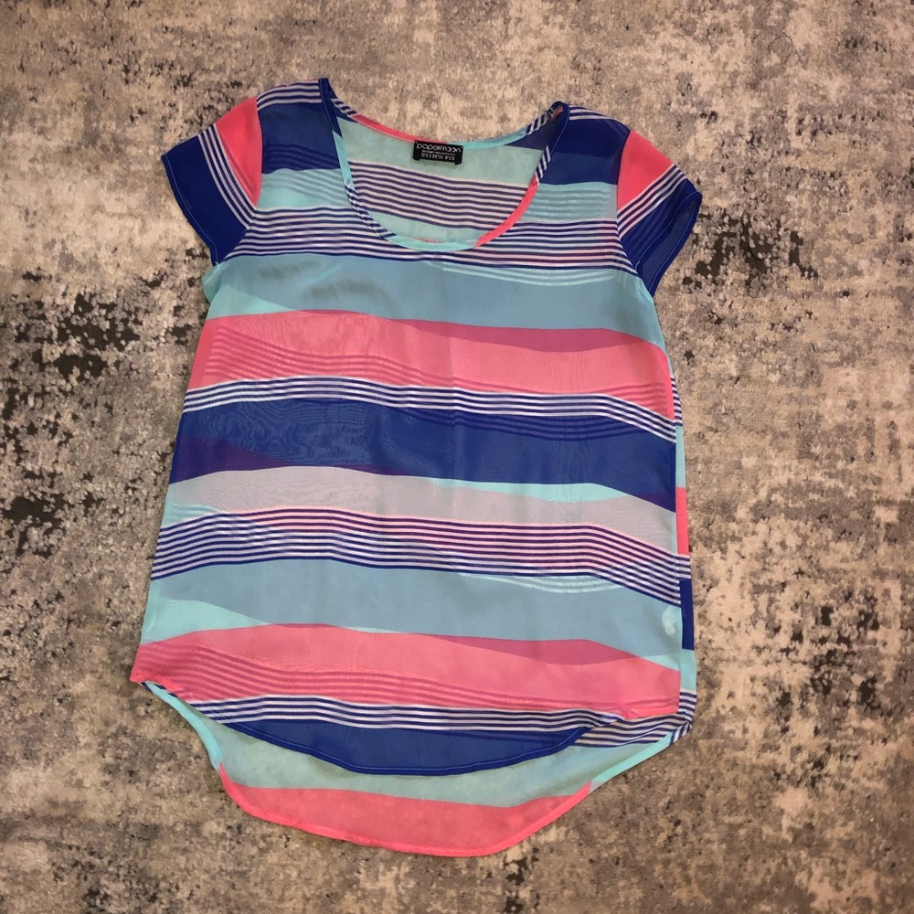 Papermoon Pink and Blue Striped Short sleeve Sheer Blouse, size small